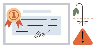 Çevresel riskleri temsil eden sarkık bir bitki ve risk üçgeninin yanında başarıyı temsil eden bir kurdele sertifikası. Eğitim, sürdürülebilirlik, dikkat, sertifika, büyüme için ideal