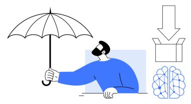 Adam kutuyu ve aşağı doğru oku işaret ederken soyut nöral beyin ağını koruyan şemsiyeyi tutuyor. Korunma, yenilik, yapay zeka, problem çözme, bilgi, ilerleme, basit daire