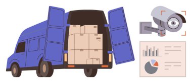 Kutularla dolu teslimat minibüsü, güvenlik kamerası görüntüleme çevresi, raporda performans analizleri. Lojistik, nakliye, güvenlik, izleme, envanter teknolojisi verimliliği için ideal. Basit düz