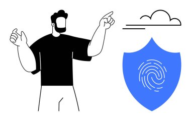 Bulut elementinin yanında mavi kalkanı ve içinde parmak izi olan bir adamı işaret ediyor. Siber güvenlik, veri koruması, biyometreler, bulut güvenliği, çevrimiçi mahremiyet, teknoloji, basit düz metafor