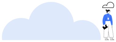 Büyük bir bulut şeklinin yanında dizüstü bilgisayar çantası tutan bir kadın. Temalar için ideal bulut hesaplama, veri depolama, modern teknoloji, ağ oluşturma, dijital hizmetler, yenilik, basit düz metafor