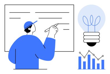 Beyaz tahtaya kalemle yazı yazan kişi. Parlayan bir ampulün yanında, çubuk ve çizgi grafiğinin yanında. Beyin fırtınası, iş planlaması, yaratıcılık, eğitim, yenilik, strateji, analiz için ideal