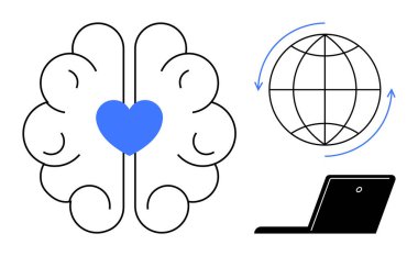 Kalp ikonuna sahip soyut beyin, küresel fikirleri sembolize eden oklu dünya, teknolojiyi temsil eden dizüstü bilgisayar. Yenilik için ideal, küresel iletişim, teknoloji, ağ, yaratıcılık, eğitim