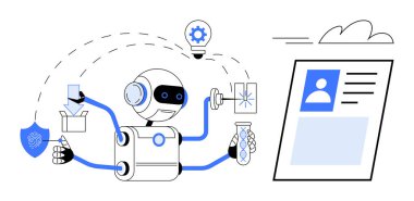 Mekanik kol işleme aletleri, deney şişesi, belgeler ve birden fazla görev için kalkan olan robot. Teknoloji için ideal, yapay zeka, otomasyon, yenilik, veri analizi verimliliği