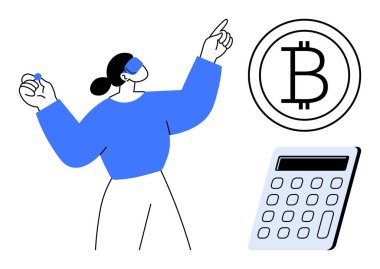 Hesap makinesinin yanında kripto para birimi simgesine doğru hareket eden kadın, blok zinciri, yatırım, dijital para birimi, analiz, finansal planlama, teknoloji, fintech 'i sembolize ediyor. Modern finans için ideal