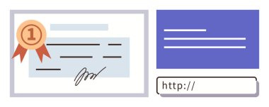 Kurdele ikonu, dijital link ve imzalı ödül sertifikası. Eğitim, sertifikalar, çevrimiçi öğrenme, başarılar, kimlik doğrulama güveni için idealdir. Temiz, düz metafor