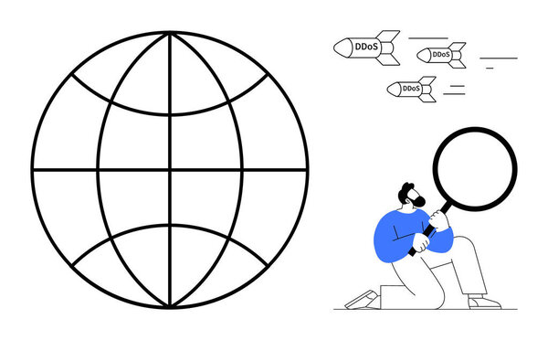 Man with magnifying glass examines cyber attacks symbolized by missiles labeled DDoS targeting global network. Ideal for cybersecurity, network monitoring, threat analysis, cyber defense, IT