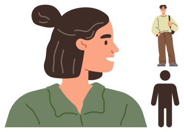 Yeşil tişörtlü, yeşil saçlı, gülümseyen esmer bir kadının yan profiline şık giyinmiş bir erkek figürü ve basit bir insan silueti eşlik ediyor. Çeşitlilik ve yaşam tarzı için ideal