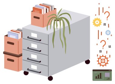 Çekmeceleri, kitapları ve kutuları olan dosya dolabı, kademeli masa örtüsü ve beyin fırtınası grafikleri. Organizasyon, ofis, yönetim, üretkenlik, yaratıcılık analizi çalışma akışı için ideal