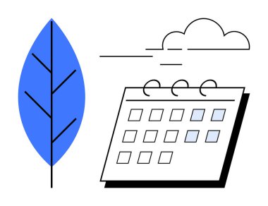 Üzerinde bulutlar olan bir takvimin yanındaki mavi yaprak ekolojik farkındalığı, planlamayı ve zaman yönetimini simgeliyor. Doğa, sürdürülebilirlik, üretkenlik, zamanlama, çevre planlaması için ideal