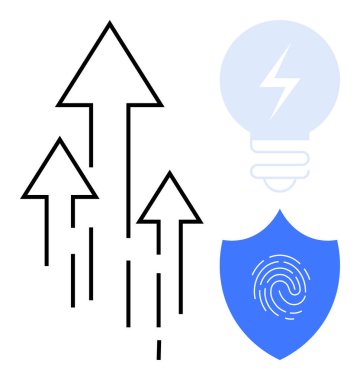 Yukarı bakan üç ok, yenilik ve fikirler için bir ampulle eşleştirilmiş büyüme ve ilerlemeyi işaret ediyor. Parmak izli kalkan, veri koruması ve güvenliği simgeliyor. Teknoloji ve yenilik için ideal