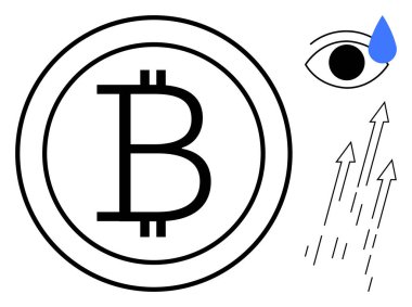 Merkezde bitcoin logosu, yukarı doğru büyümeyi temsil eden oklar, göz yaşları kaybı ya da dengesizliği simgeliyor. Finans, kripto para birimi, ekonomi, yatırım, risk, dijital para birimi dairesi için ideal