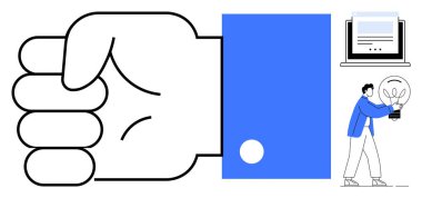 Mavi kollu siyah-beyaz yumruk, ampul ve laptop ekranı taşıyan biri. Yaratıcılık, takım çalışması, yenilik, teknoloji, güç artışı ve liderlik için idealdir. Basit düz