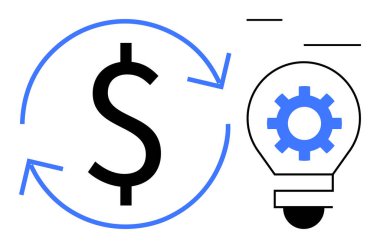 İçinde teçhizat olan bir ampulün yanındaki oklarla çevrili dolar işareti, yeniliği, ekonomik büyümeyi, iş stratejilerini, yaratıcı finansal çözümleri, girişimci fikirleri sembolize ediyor. İdeal