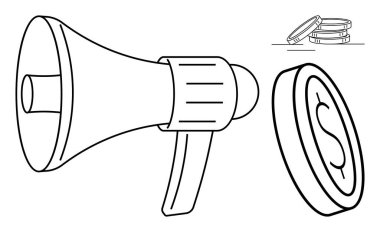 Bir dolarlık madeni parayla eşleştirilmiş megafon promosyon ve finansal sonuçları ön plana çıkarıyor. Reklam, pazarlama, yatırımlar, mali etki, iletişim, bütçe planlaması, satış büyümesi için ideal