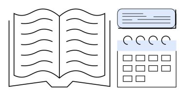 Görünür satırları olan açık bir kitap, kare tarih blokları olan bir takvim ve bir metin kutusu. Eğitim, programlama, zaman yönetimi, planlama, öğrenim organizasyonu ve kavramlar için idealdir. Basit düz