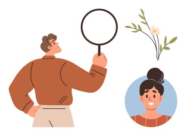 Elinde büyüteç tutan bir adam detayları inceliyor. Çember çerçeveli bir portrede gülümseyen bir kadın ve narin bir çiçek filizi. Analiz, araştırma, gözlem, kendini keşfetme, doğa, iletişim için ideal