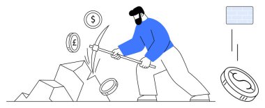 Kayalara kazma sallayan, çeşitli para birimlerini sallayan biri. Madencilik, kripto para birimi, blok zinciri, dijital finans, yatırım, ekonomi gelecekteki teknolojiler için idealdir. Basit düz metafor
