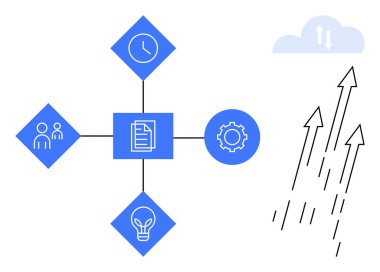 Takım çalışması, saat, fikir ampulü ve dişli simgeleriyle bağlantılı merkezi belge. Bulut ve yukarı çıkan oklar ilerleme ve veri alışverişini simgeler. Üretkenlik, yenilik, işbirliği, zaman yönetimi için ideal