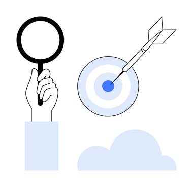 Büyüteç elinde, ok hedefi tam on ikiden vuruyor, aşağısı bulutlu. Modern bir düz metaforda odak, hassasiyet, başarı, hedef belirleme, analitik, strateji veya vizyon için ideal