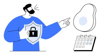 Sakallı adam, kilit korumalı kalkanı tutarken avokado şeklinde ve takvimde el kol hareketi yapıyor. Siber güvenlik, planlama, programlama, sağlıklı alışkanlıklar, koruma, iletişim ve kişisel veriler için ideal