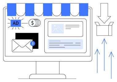 Bilgisayar ekranında çevrimiçi mağaza arayüzü, reklamlar, e-postalar, madeni paralar ve teslimat paketleri gösteriliyor. E-ticaret, dijital pazarlama, e-posta kampanyaları, çevrimiçi satış müşterisi erişimi için ideal