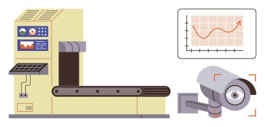 Endüstriyel taşıma bandı kontrol paneli, güvenlik kamerası ve performans grafiği. Otomasyon, izleme, endüstri, teknoloji, yenilik veri analizi üretimi için ideal. Basit düz