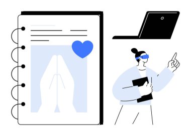 İçinde dua eden elleri, kapalı laptopu ve profesyonel fikirleri gösteren bir kalp ikonu olan bir defter aç. Eğitim, dijital araçlar, kişisel bakım, üretkenlik, takım çalışması, farkındalık için ideal