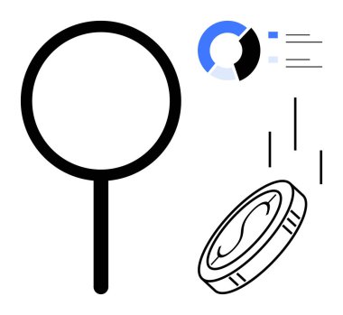 Veri tablosunun yakınındaki büyüteç ve düşen bozuk para finansal analizi, büyümeyi ve keşfi simgeler. İş, strateji, ekonomi, araştırma, denetim yeniliği odaklı kavramlar için idealdir. Basit düz