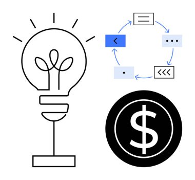 Filizlenen bitkileri olan ampul, dairesel oklu iş akışı diyagramı ve dolar sembolü. Yenilik, verimlilik, finans, strateji, büyüme sürdürülebilirliği yaratıcılığı için idealdir. Basit düz