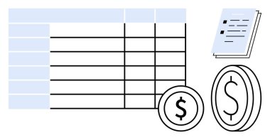 Sıralar, sütunlar, iki dolarlık madeni paralar ve dokümanlar içeren hesap tablosu. Finans, bütçe, muhasebe, yatırım, mali planlama veri yönetimi ve iş raporları için ideal. Basit düz