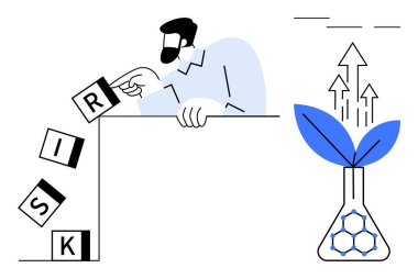 İnsan risk bloklarını devirirken, kontrol ve karar vermeyi sembolize ederken, yenilik, büyüme ve sürdürülebilir çözümleri temsil eden bir bitki şişeden büyüyor. İş ve strateji için ideal