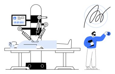 Doktor tablet kullanarak tanı verilerini yönetirken robotik kol hastaya ameliyat yapıyor. Tıbbi yenilik, robot bilimi, sağlık hizmetlerinde yapay zeka, ameliyat, otomasyon, teknoloji, sağlık hizmetleri için ideal