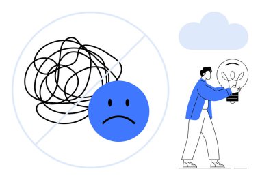 Karalanmış çizgiler ve çizilmiş üzgün bir yüz, elinde ampul tutan bir adam. Yaratıcılık, problem çözme, berraklık, beyin fırtınası, yenilik, akıl sağlığı için karar verme. Basit düz metafor