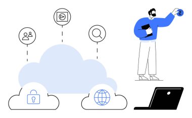 Güvenliği, kullanıcıları, bağlantıyı, iletişimi temsil eden dijital bulut simgeleri. Dijital bir elementle etkileşimde olan kişi. Teknoloji, yenilik, uzak çalışma, güvenli veri bulut hizmetleri için ideal