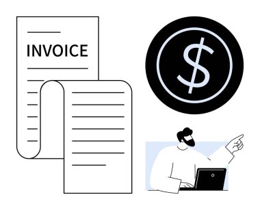 Fatura kağıdı, büyük dolar işareti, bilgisayar üzerinde çalışırken ekrana bakan uzman. Faturalama, finans, muhasebe, muhasebe, defter tutma, gider takibi, vergi hesaplama için ideal basit düz metafor