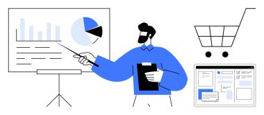 Erkek sunucu panoyu tutarken veri tablosunu gösteriyor. Bar grafiği, pasta grafiği, alışveriş arabası ve dijital UI ekranı içerir. İş, pazarlama, e-ticaret, strateji planlama verileri için ideal