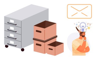 Dosya dolabı, istiflenmiş kutular, ışıldayan e-posta ikonu, kafasının üstünde yaratıcı görüntülerle beyin fırtınası yapan biri. Organizasyon, üretkenlik, strateji, yaratıcılık, iletişim fikri değişimi için ideal