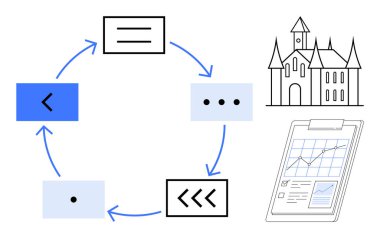 Okları ve blokları olan dairesel süreç akışı, panoda veri şeması, kale çizgisi. İş akışı, ilerleme, planlama, organizasyon, veri analiz stratejisi yaratıcı düşünce için ideal. Basit düz