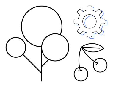 Soyut ağaç dalları, kirazlar ve bir vites çizgisi. Ekoloji, sürdürülebilirlik, büyüme, yenilik, teknoloji dengesi ve ilerleme için ideal. Basit düz metafor