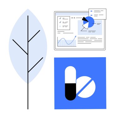Minimalist ağaç, veri analiz arayüzü ve doğa, teknoloji ve sağlık hizmetlerini ön plana çıkaran bir hap ikonu. Sağlık, veri bilimi, eko-teknoloji, ilaç araştırma analizleri için idealdir.