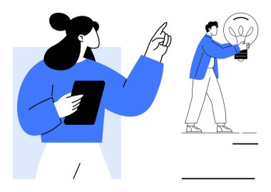 Kadın tablet tutarken, adam büyük ampul taşırken el kol hareketi yapıyor. Takım çalışması, fikir üretimi, işbirliği, yenilik, liderlik, yaratıcılık, basit düz metaforda beyin fırtınası için ideal