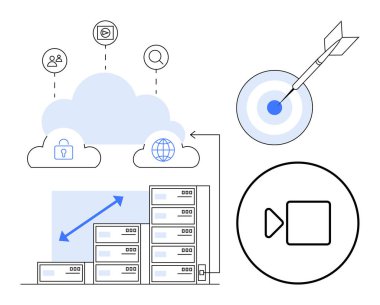 Ölçeklenebilirliği gösteren veri sunucuları, güvenlik ve bağlantı özellikleri olan bulut simgeleri, hedef tahtası ve oynat düğmesi. Teknoloji, iş, ağ, ağ, güvenlik için ideal