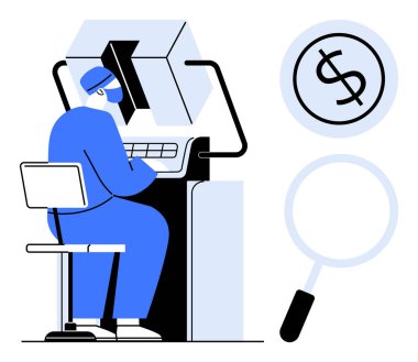 Bilim adamı yüksek teknolojili bir makine kullanıyor, araştırmaya odaklanıyor. Dolar işareti ve cam büyütme finansman, analiz ya da ekonomik etkiye işaret ediyor. Yenilik, bilim, teknoloji ve finans için ideal