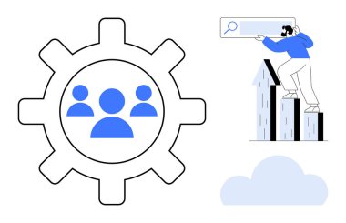 Takım ikonu ile donanım işbirliği ve takım çalışmasını sembolize eder. Kişi arama simgesiyle çubuk grafiğine tırmanır. Takım çalışması, büyüme, analitik, başarı, üretkenlik, kariyer geliştirme, strateji için ideal