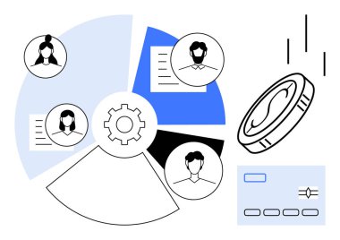 Vites süslemeli daire çizelgesi, profil simgeleri, belgeler, para ve kart. Takım çalışması, proje yönetimi, finansal analiz planlama bağlantıları için ideal. Temiz düz metafor