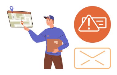 Kurye, tabletteki harita işaretçisini, uyarı üçgenini ve yanındaki zarf simgelerini gösteriyor. Teslimat, lojistik, navigasyon, takip, iletişim ve güvenilirlik için ideal. Basit.