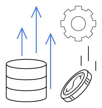 Veri depolama, yukarı doğru ok, dişli ve bozuk para veri yönetimi, teknoloji büyümesi, gelir, yenilik, analitik, bulut hesaplama ve basit bir düz metaforda finansal büyüme