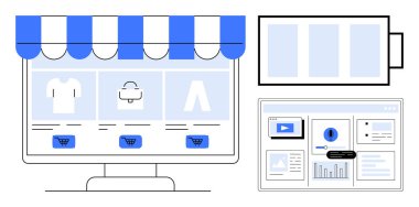 Ürün kategorileri, alışveriş arabaları ve analitik ve video içeriğini gösteren gösterge panelleri ile masaüstü arayüzü. E-ticaret, pazarlama, satış, analitik, veri yönetimi, iş için ideal
