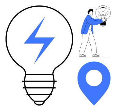 Yıldırımlı ampul, elinde ampul tutan insan ve mavi navigasyon pimi. Yaratıcılık, enerji, yenilik, çözümler, rehberlik teknolojisi büyümesi için idealdir. Basit düz metafor